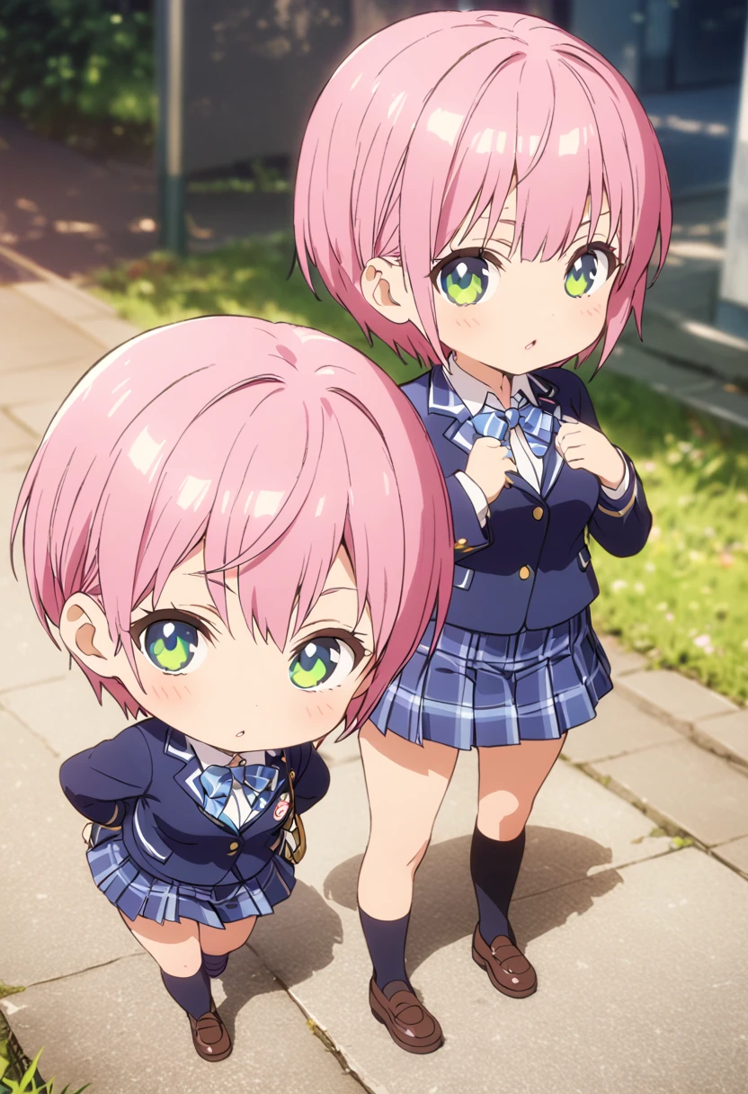 (Highest quality, 4K, 8k, High resolution, masterpiece:1.2), Very detailed, Picturesque, Animated Photography, Photo Animation:1.37)、Japanese schoolgirl、(Pink Hair)、(short hair)、(chibi:1.4),white shirt、Yellow-green checkered skirt,(high scool uniform:1.2)、navy blue jacket、standing、hands in pockets、Full body photography、Nakano ichika