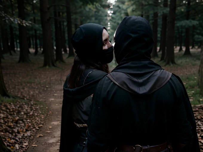 Two man with their backs to each other, Face covered with black cap, black cape outfit, medieval era, alchemist, dark night in Forest
