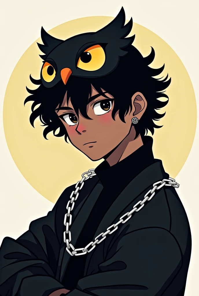 Make a male character with dark SKIN, but not so dark, of curly and black hair, with black eyes, with a slight smile on your face, an owl hat on his head, a black outfit with a silver chain around the neck, do this in the style of the logo for the YouTuber, but make the character masculine and not effeminate