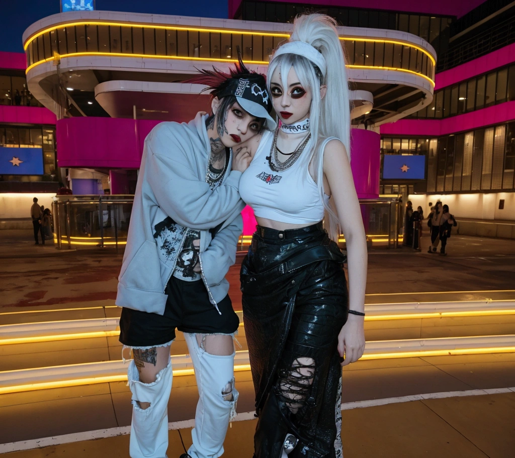 there are one women dressed up in costumes standing together, boyfriend and girlfriend, dressed in crustpunk clothing sexy