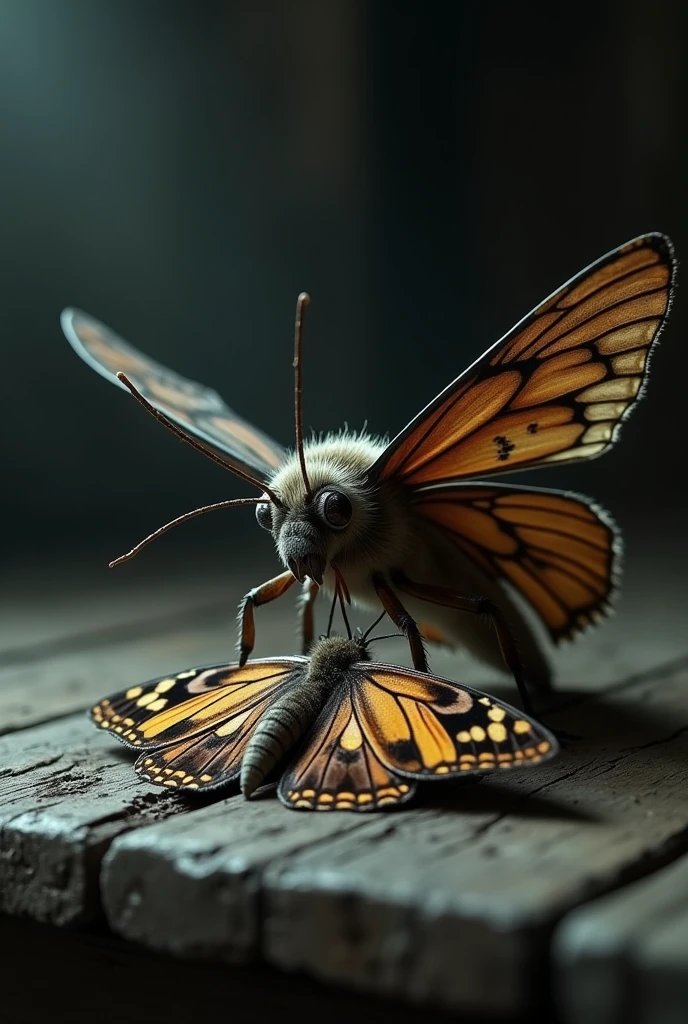 Create a horror image where there is a moth cutting the wings of a butterfly that is lying on a piece of wood., at m,ariposa is crying and scared