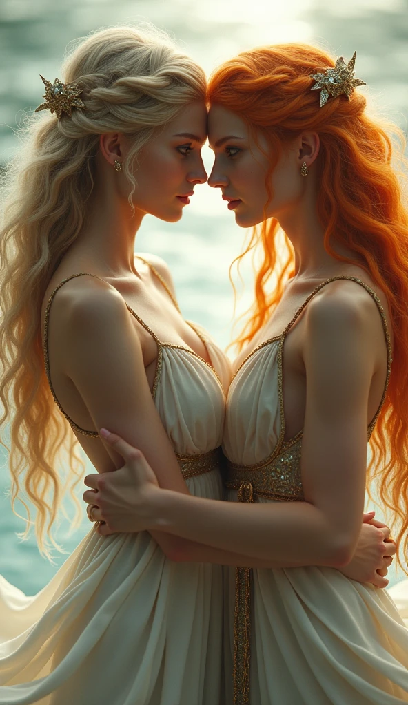 The very beautiful blonde goddess Venus and the very beautiful red-haired goddess Athena embracing each other、Looking at the camera, whole body, Looking into the camera, Watery eye