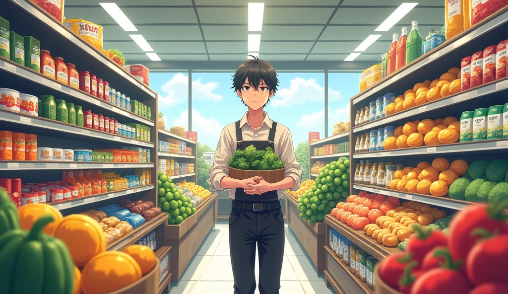 My new super market game play writer in photo the man see front side in hand have a fruit and vegetables and chips and more other things anime man