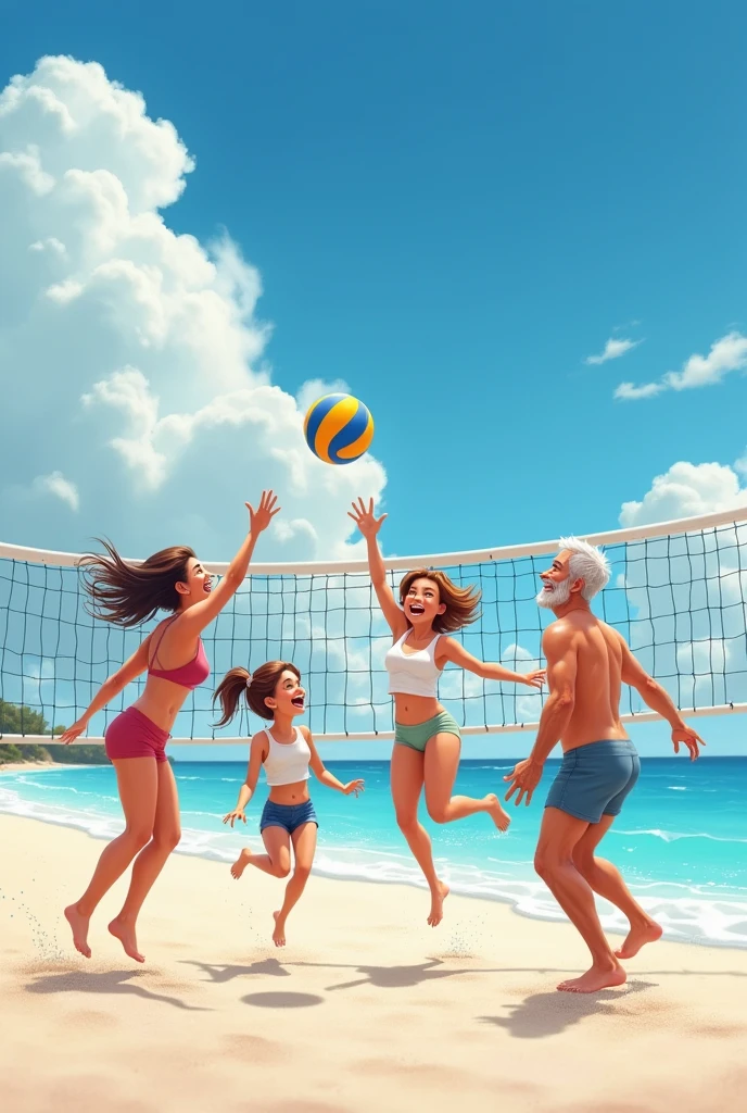 Happy family on the beach playing volleyball realistic