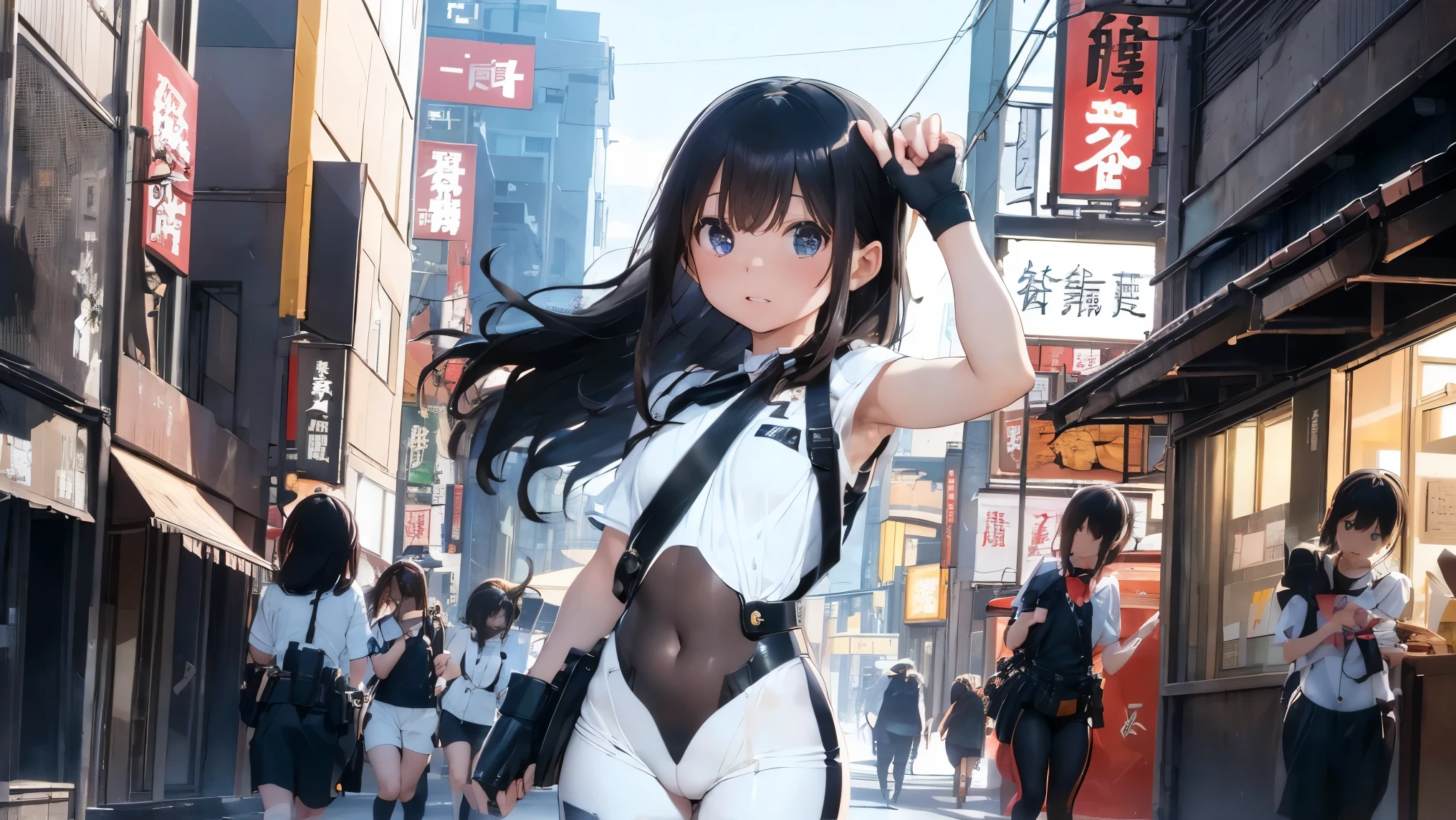 high resolution、High definition、High sensitivity、8k.Japanese、、1、cute、Idol face、Two Side Up Hair、slender、Mid-chest、(black and white high leg bodysuit:1.2)、See-through、Harness Belt、Gun Holder、（POLICE armband:1.3)、Vibrant、（Hold a gun、Firing：1.3）、bustling street、Sparks fly、