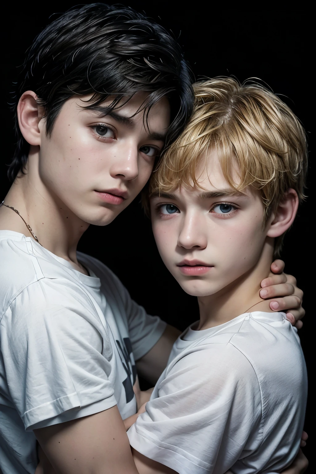 Image of two boys around the age of 16 , hugging ,the one on the left has black hair and the one on the right has blond hair,