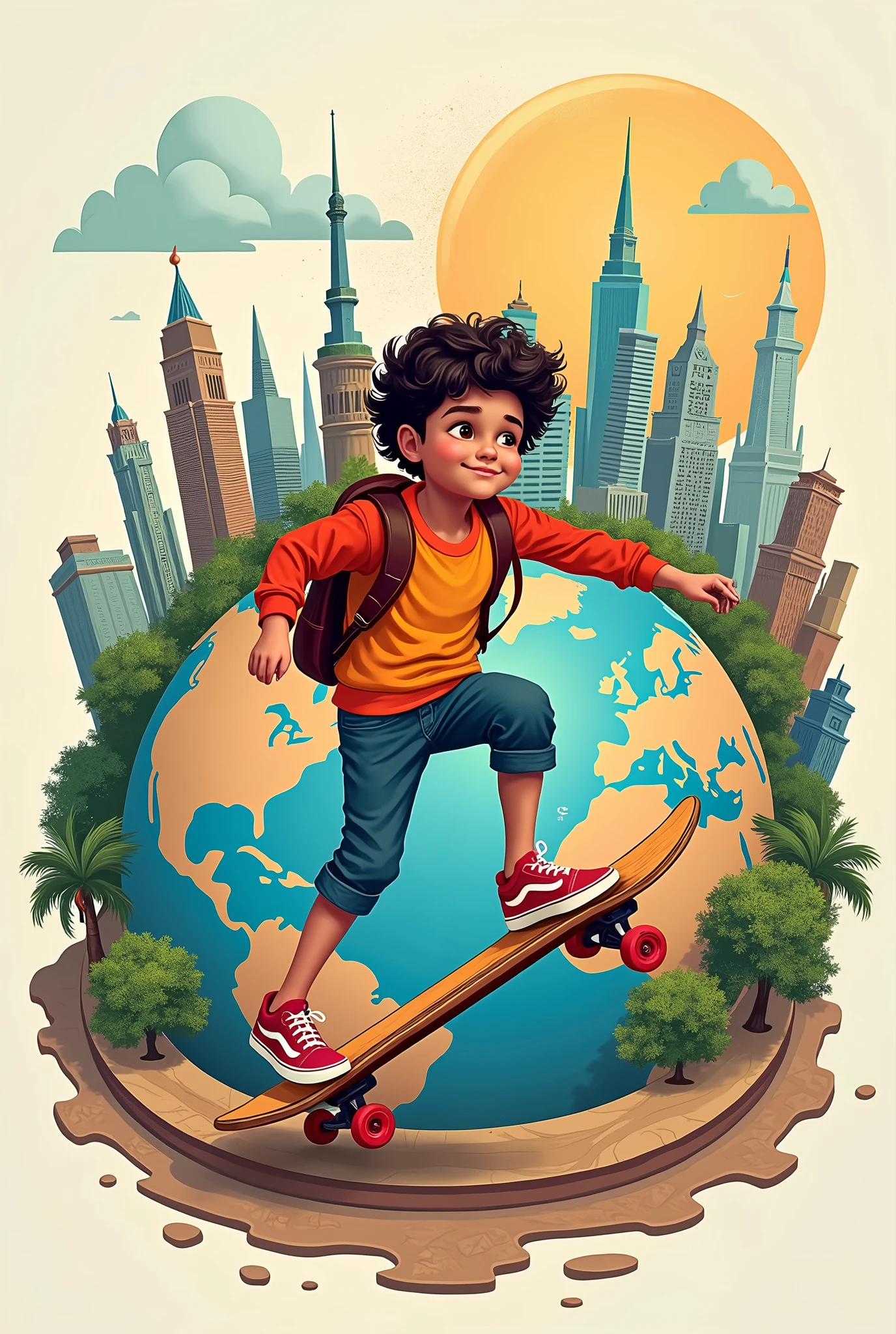 Boy on a skateboard traveling the world, art in logo brand style, Fine art