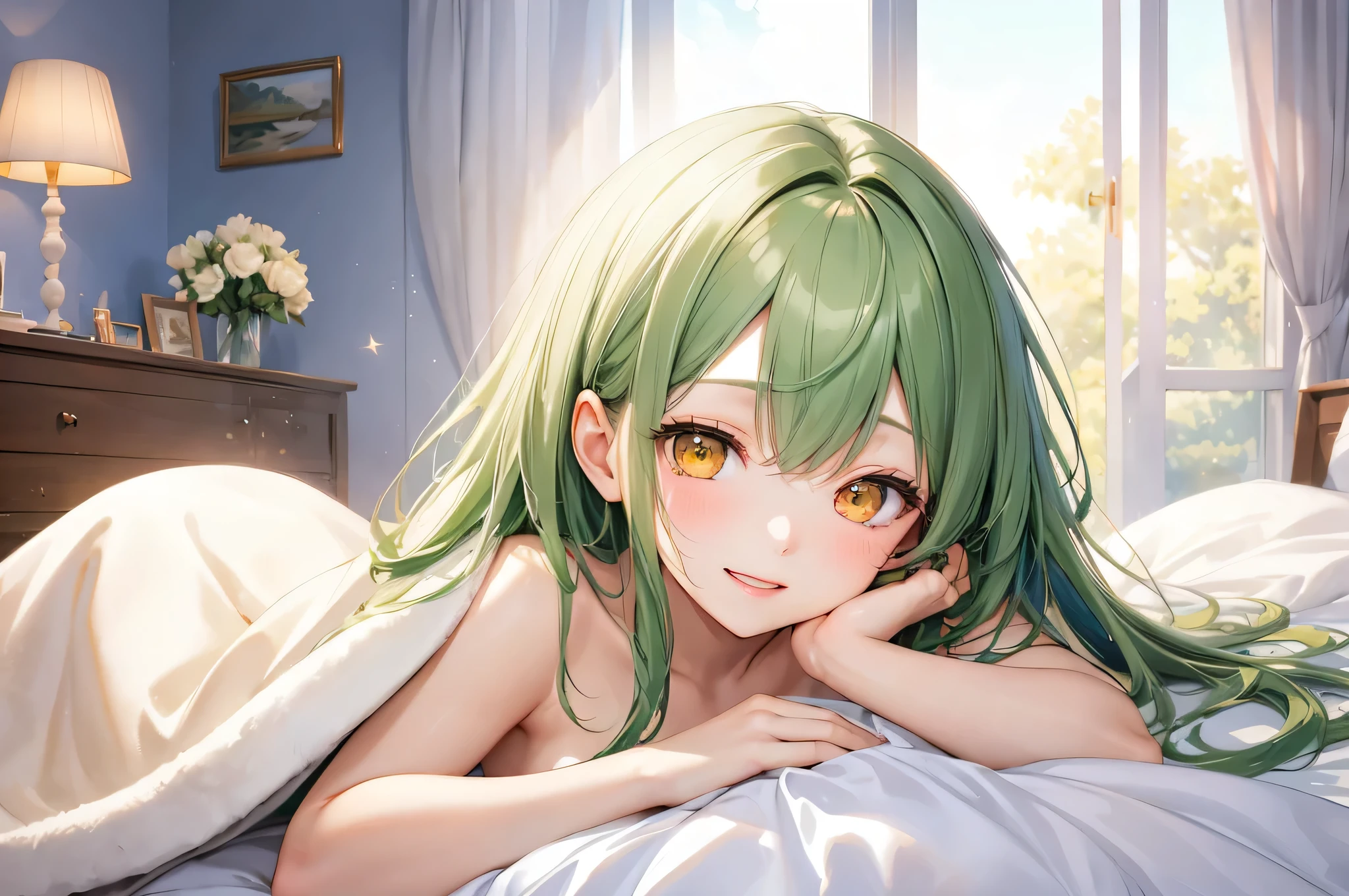 (ecstasy style), (pov), (solo:2, 15 yo), (beautiful straight) (glossy beautiful green hair long hair) (beautiful cute girl), (glossy lip, love ecstasy smile), (best sexy closed eyes), (medium:1.2 tits), break, (Cover body a blanket), Cover tits with a blanket, naked:0.2, hide own tits, lie down on bed, break, in the morning, in the Gorgeous Bedroom, background beautiful morning sky, BREAK, perfect anatomy, masterpiece, best quality, 16k, beautiful detailed naked, daydreaming expression.