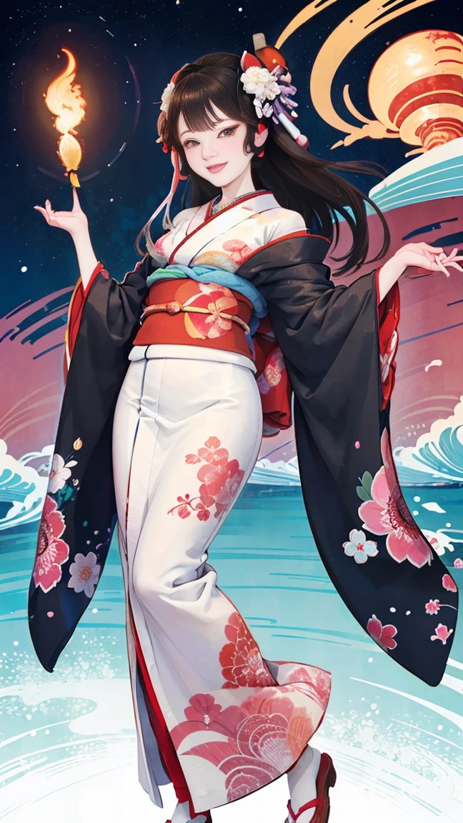 A beautiful woman smiles and shows her upper white teeth、Vividly colored Japanese Ukiyo-e style illustrations、(SeaArt creates stunning illustrations of beautiful women in kimono)、Brown-black long hair、Beautiful full body style、Let&#39;s dance a little Tokyo Ondo Yoiyoi、Beautiful new digital paintings,、Bright vibrant digital anime art、 Detailed digital anime art、 Beautiful anime portraits、background、Torii gate of a shrine in Kyoto, Japan、Detailed CG、