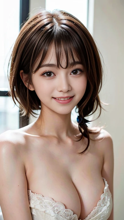 ((Highest quality、masterpiece、High resolution))、(((Zoom photo of upper body、Brown Hair)))、(A shy smile:1.2)、One Woman、Beautiful Skin、Beautiful Eyes、、Completely naked、Shangs、ponytail