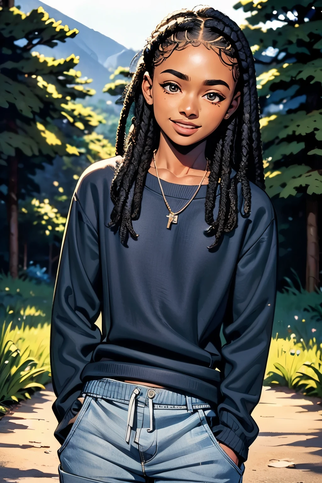a young black boy wearing a blue sweater and gray shorts, cute expression, detailed facial features, cute smile, looking at camera, outdoor forest background, natural lighting, detailed textures, realistic, photorealistic, highly detailed, 8k, best quality, masterpiece
