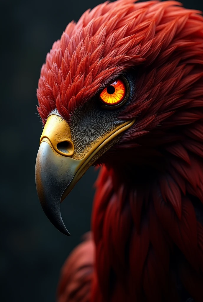 Red flaming eye of a red eagle focus on the eye 