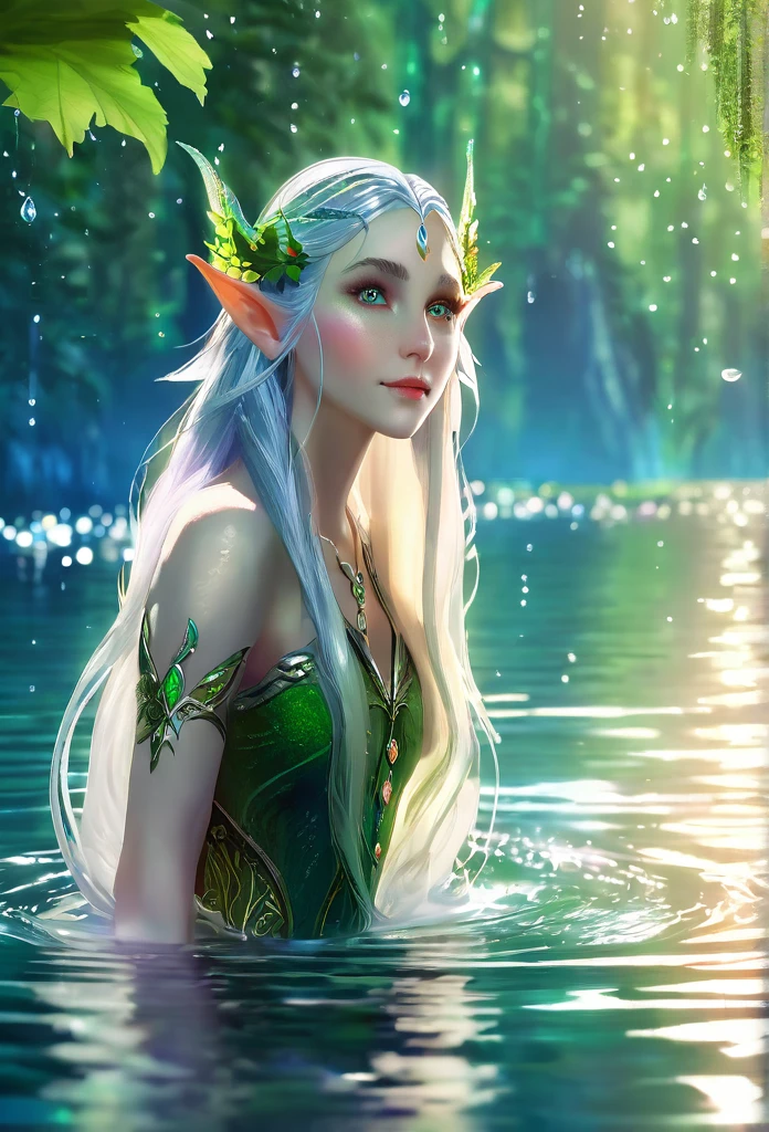 a beautiful elf girl (full body)gracefully emerging from a serene lake, detailed facial features, long flowing hair, elegant pose, detailed intricate elf ears, detailed skin texture, light shimmering water droplets, lush forest background, magical atmosphere, vibrant colors, cinematic lighting, 8k, highres, photorealistic