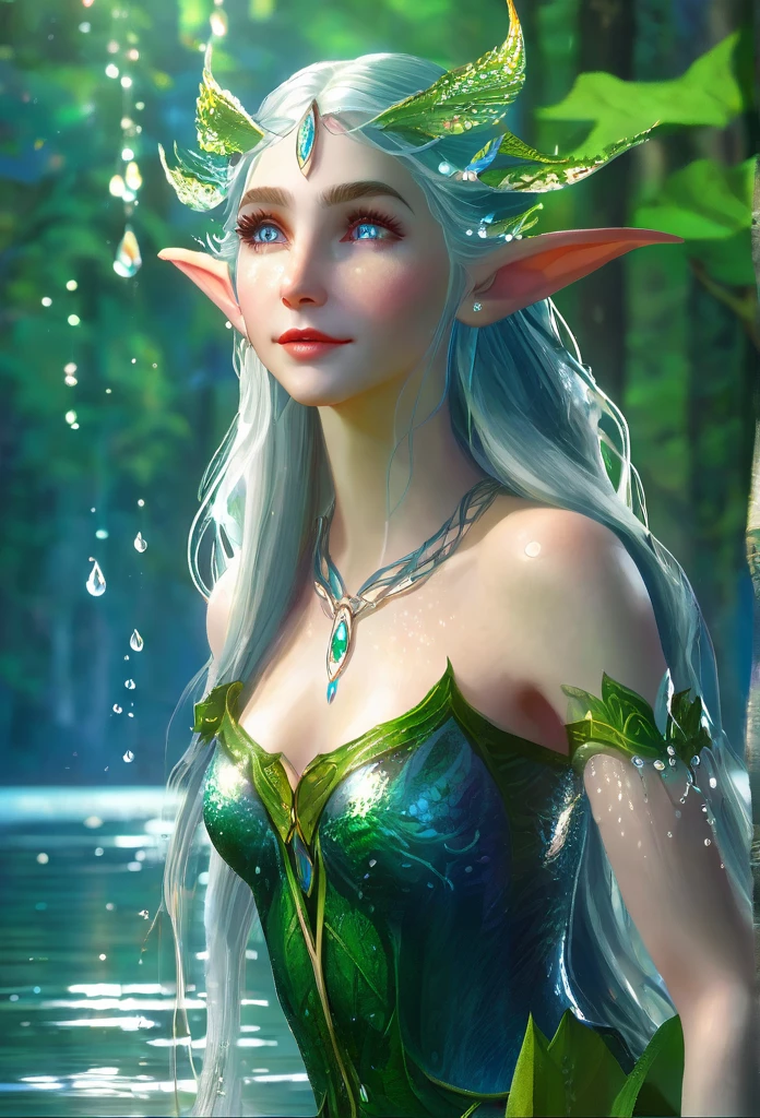 a beautiful elf girl (full body)gracefully emerging from a serene lake, detailed facial features, long flowing hair, elegant pose, detailed intricate elf ears, detailed skin texture, light shimmering water droplets, lush forest background, magical atmosphere, vibrant colors, cinematic lighting, 8k, highres, photorealistic