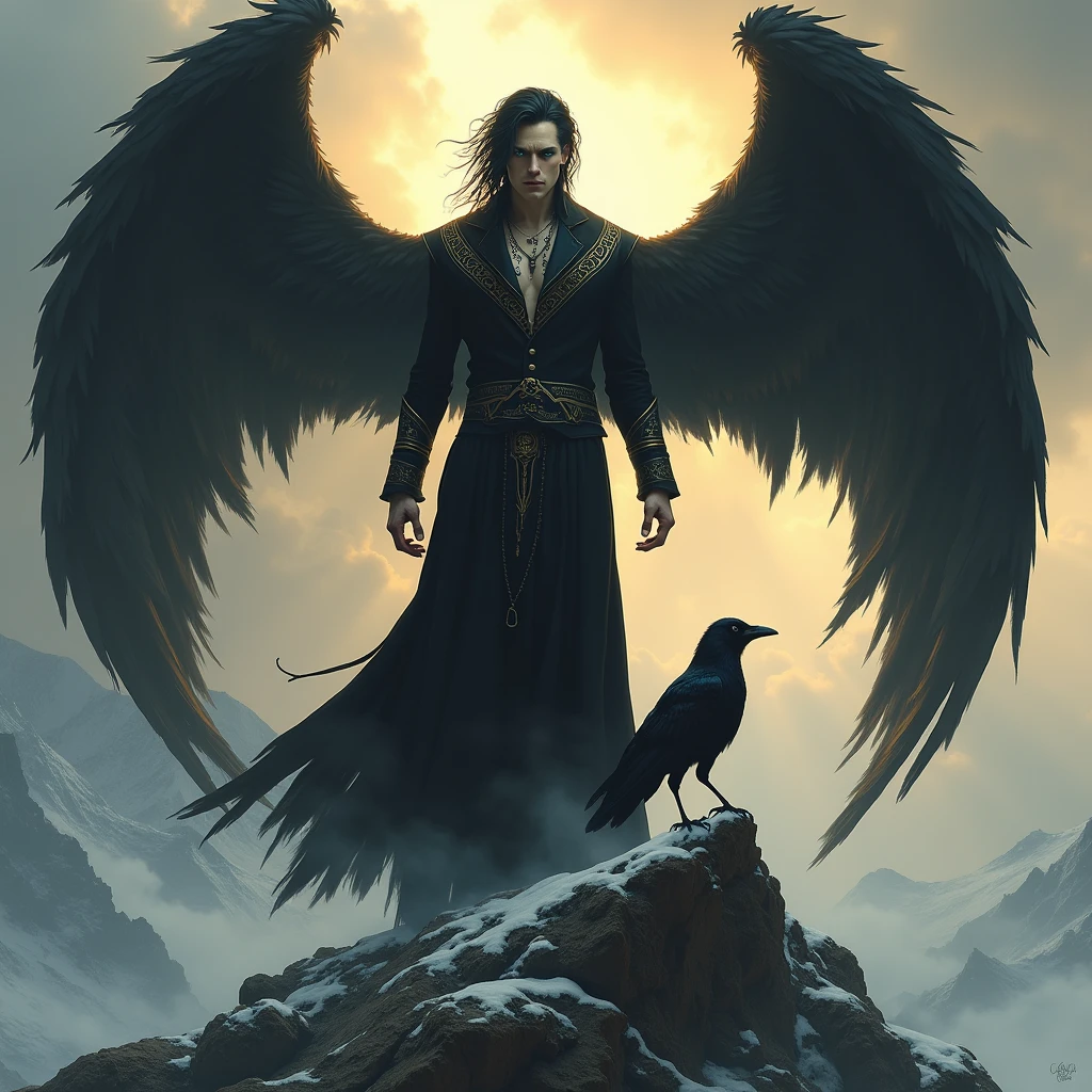 Angel male 30 years old, pale skin, blue eyes, black hair, big and black bat wings, wearing black suit, with piercings and old tattooed symbols, holding a crow on top of mountain in sunrise., messy hair, Hyperrealism, god rays, glowing light, UHD, anatomically correct, 1080P