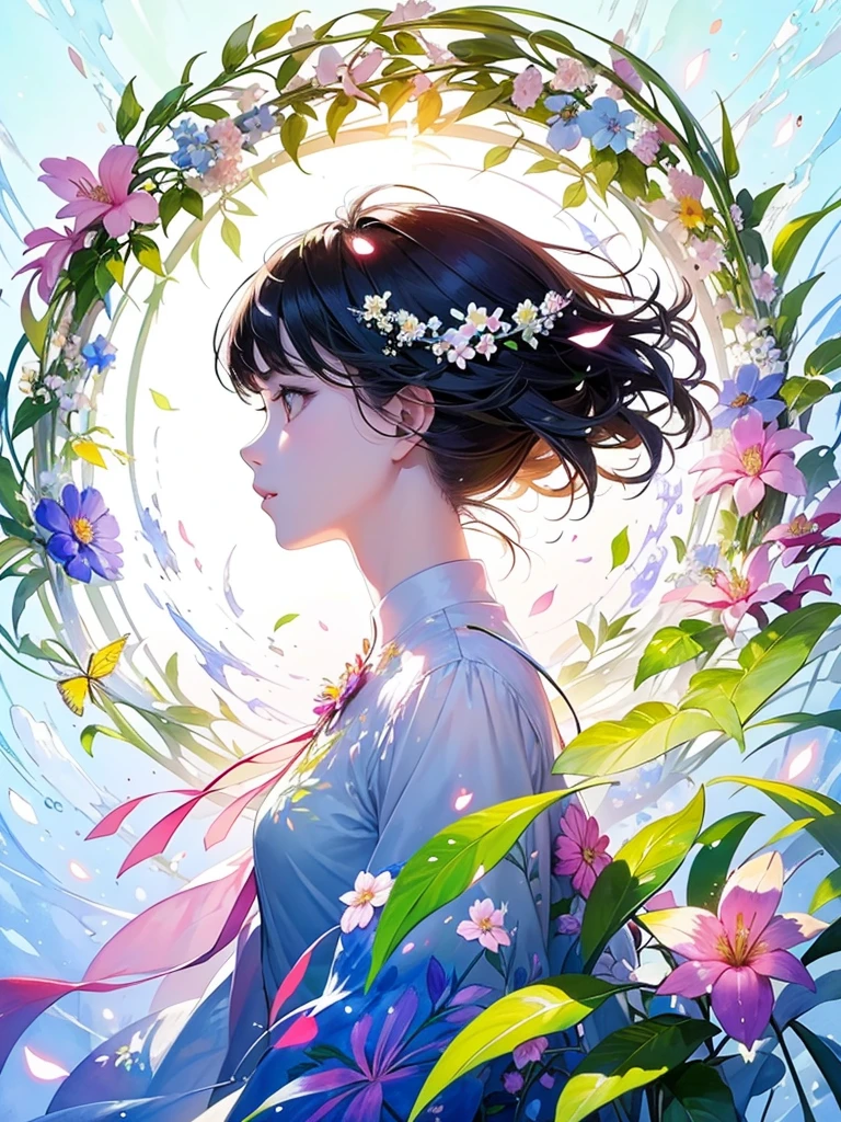 (masterpiece、Highest quality、Highest quality、Beautiful and beautiful:1.2)、Excellent anatomy、(Watercolor painting 1.5)、Long Shot、straight short hair images、Trendy Hair Color, Beautiful Face、Beautiful profile, Look up at the sky, I pray, Fairy, 蝶のFairyのコスチューム、Pure white、Pure、charm, Colorful flowers of different colors, Flower and leaf wind、Botanical Art,
