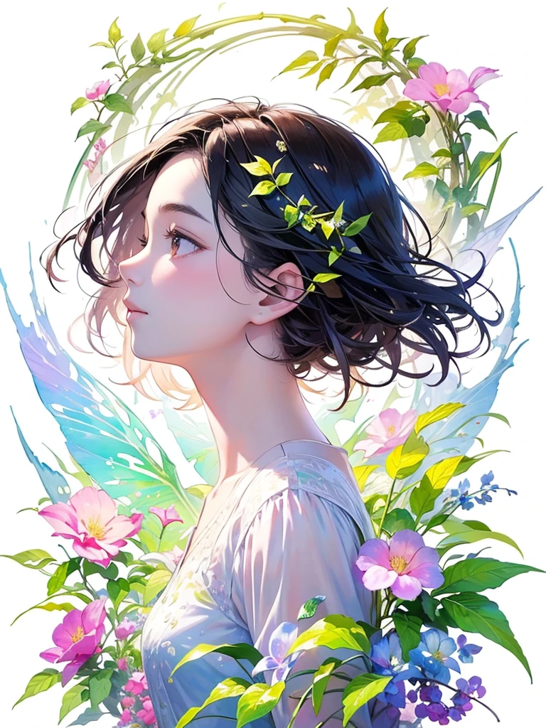 (masterpiece、Highest quality、Highest quality、Beautiful and beautiful:1.2)、Excellent anatomy、（Watercolor painting 1.5）、Long Shot、straight short hair images、Trendy Hair Color, Beautiful Face、Beautiful profile, Look up at the sky, I pray, Fairy, 蝶のFairyのコスチューム、Pure white、Pure、charm, Colorful flowers of different colors, Flower and leaf wind、Botanical Art,