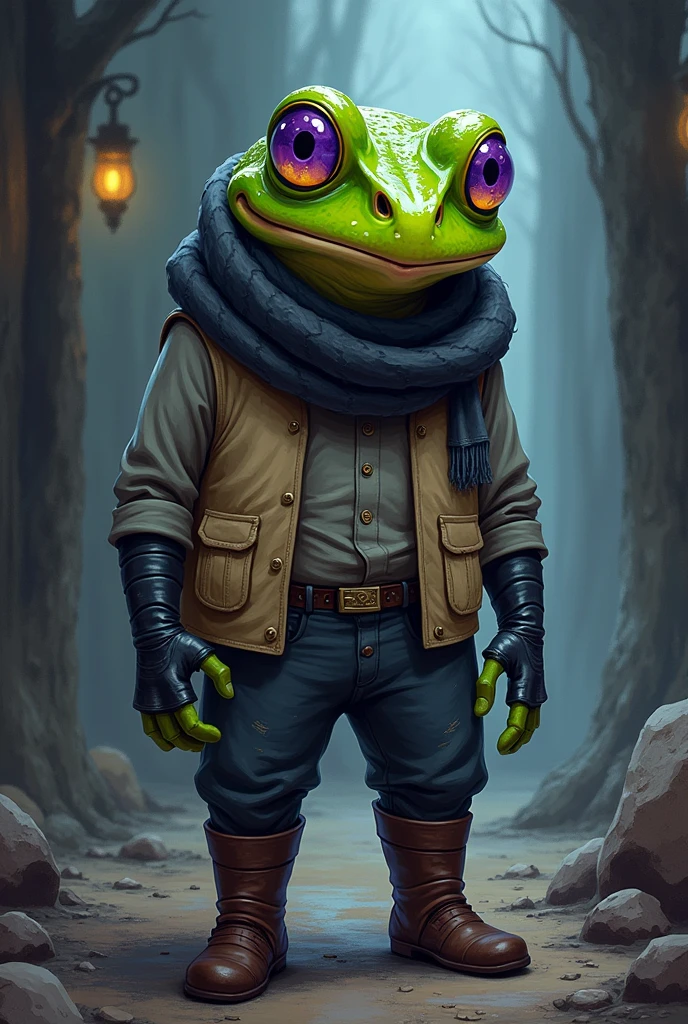 UCreate an illustration in the art style of the webcomic 'Necro Abyss' from the Tapas platform, depicting an anthropomorphic frog named Gratug. Gratug has purple pupils and yellow eyelids. He wears a dark gray scarf around his neck, a beige vest over a gray shirt, dark gray gloves, dark gray pants, and long brown boots.