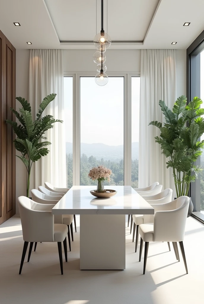 Professional 3d architecture rendering design of modern and minimal   elegant white  slab stone marble dining table and eight  elegant velvet white modern and elegant  chairs and  elegant curtains and modern windows and modern green space and elegant accessories 