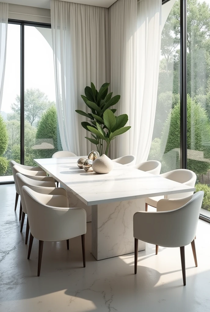 Professional 3d architecture rendering design of modern and minimal elegant white slab stone marble dining table and eight elegant velvet white modern and elegant chairs and elegant curtains and modern windows and modern green space and elegant accessories