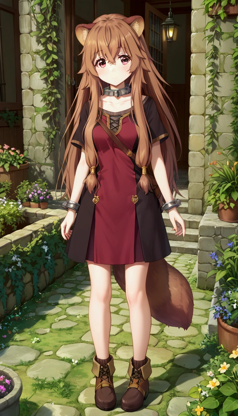  score_9,score_8,  (((perfect face))), (medium breasts), full body view, {looking at viewer},(brown hair), (bangs), (long hair), (animal ears), (raccoon ears), (raccoon girl), (raccoon tail), 1girl, raphtalia, (pink eyes), (detailed eyes), (perfect Eyes), garden, outdoors, quimono preto com mangas compridas, quimono com detalhes em dourado e vermelho,
