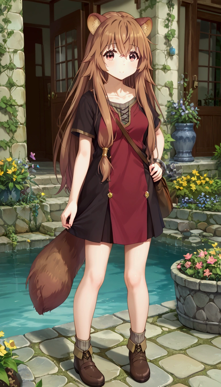  score_9,score_8,  (((perfect face))), (medium breasts), full body view, {looking at viewer},(brown hair), (bangs), (long hair), (animal ears), (raccoon ears), (raccoon girl), (raccoon tail), 1girl, raphtalia, (pink eyes), (detailed eyes), (perfect Eyes), garden, outdoors, quimono preto com mangas compridas, quimono com detalhes em dourado e vermelho,
