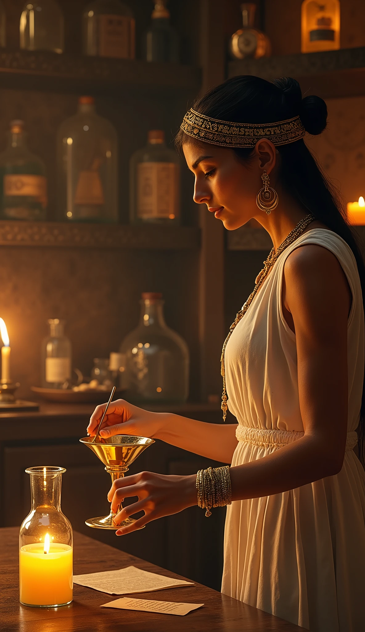 Close-up shot, Low angle shot, (An ancient Egyptian laboratory filled with jars of potions, scrolls, and mystical artifacts. Cleopatra, focused and determined, mixes a potion in a golden chalice. She wears a simple, yet elegant, white linen dress, her hair tied back with a gold band. The room is dimly lit by the glow of a brazier, with shadows dancing on the walls. The background is lined with shelves filled with ancient books and potions.) unreal engine, cinematic, hyper-real, highly detailed, Ultra realistic HD --q 2 --v 6.1 --ar 9:16