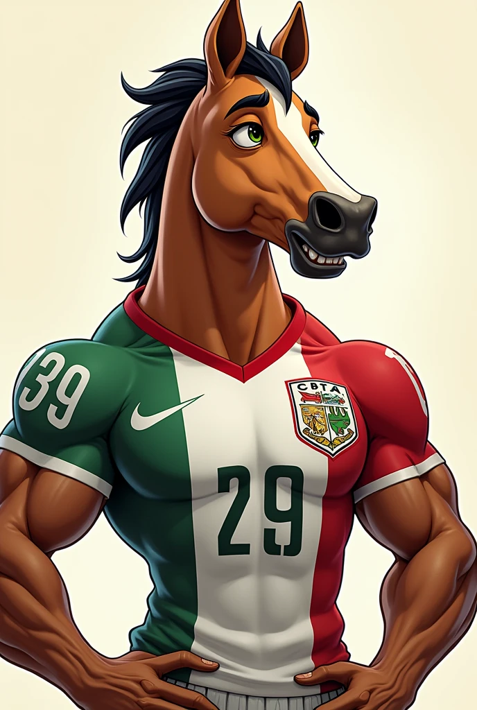 Animated muscled colt, wearing the Mexico National Team jersey, with the CBTa 289 shield.