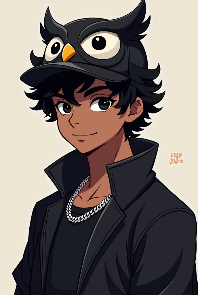 Make a male character with dark SKIN, but not so dark, of curly and black hair, with black eyes, with a slight smile on your face, an owl hat on his head, a black outfit with a silver chain around the neck, do this in the style of the logo for the YouTuber, but make the character masculine and not effeminate and the Character has to be straight towards the screen