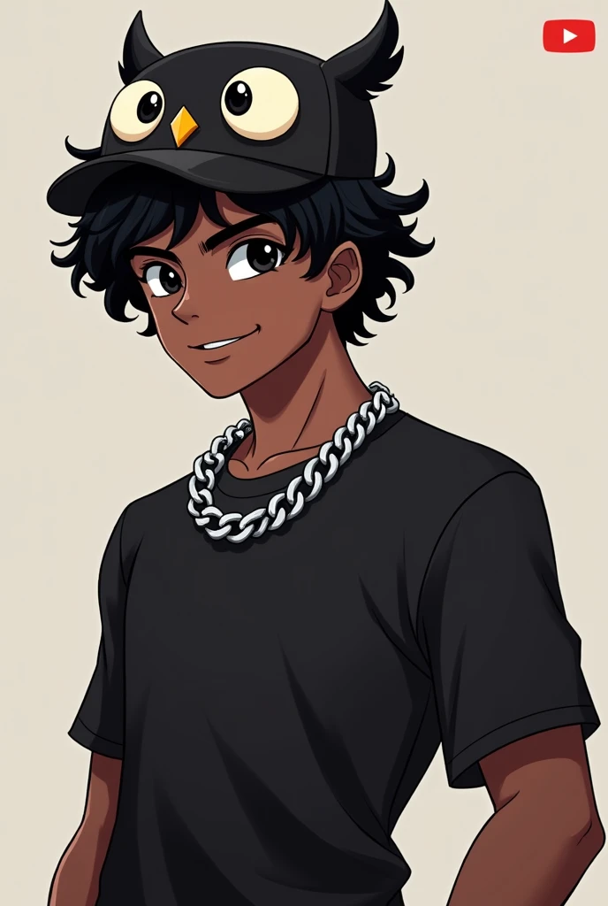 Make a male character with dark SKIN, but not so dark, of curly and black hair, with black eyes, with a slight smile on your face, an owl hat on his head, a black outfit with a silver chain around the neck, do this in the style of the logo for the YouTuber, but make the character masculine and not effeminate and the Character has to be straight towards the screen