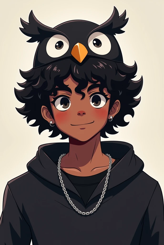 Make a male character with dark SKIN, but not so dark, of curly and black hair, with black eyes, with a slight smile on your face, an owl hat on his head, a black outfit with a silver chain around the neck, do this in the style of the logo for the YouTuber, but make the character masculine and not effeminate and the Character has to be straight towards the screen