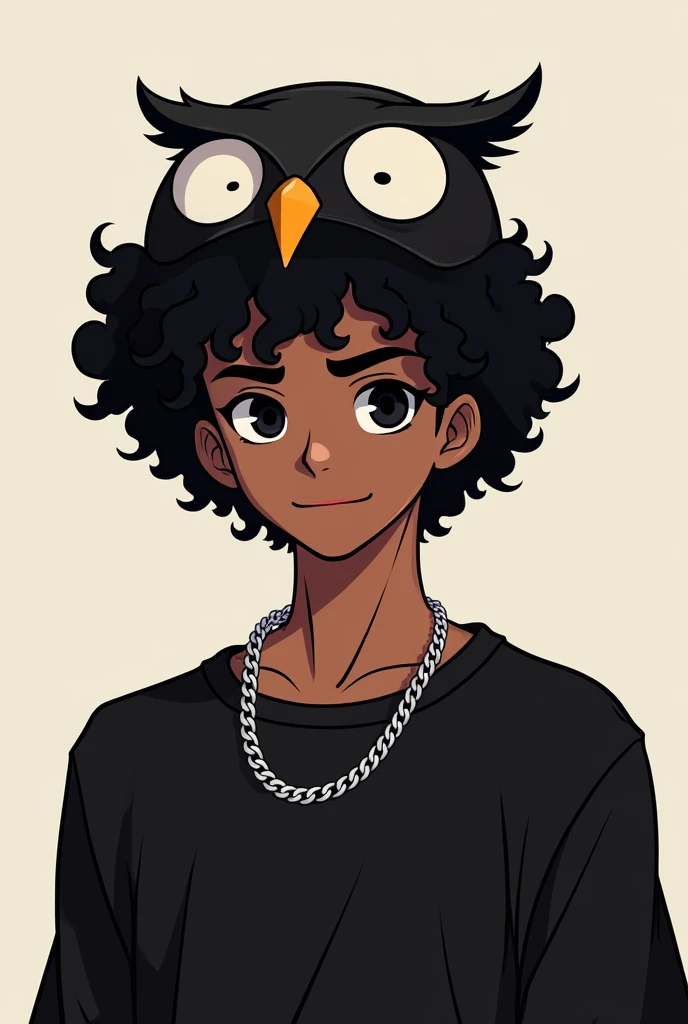Make a male character with dark SKIN, but not so dark, of curly and black hair, with black eyes, with a slight smile on your face, an owl hat on his head, a black outfit with a silver chain around the neck, do this in the style of the logo for the YouTuber, but make the character masculine and not effeminate and the Character has to be straight towards the screen