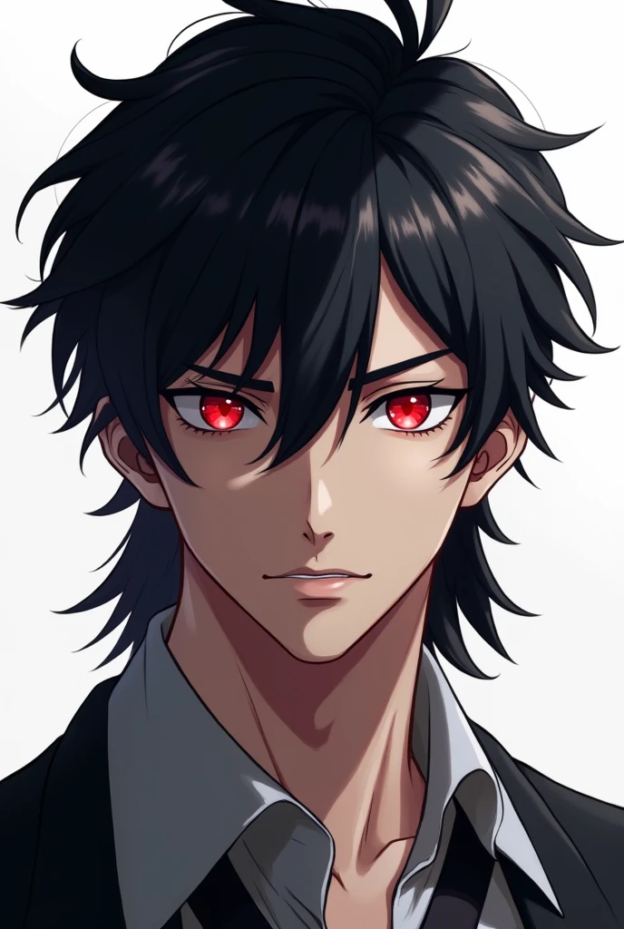 Black haired man Modern mullet hairstyle,red eyes,white background,Make it look like an anime drawing