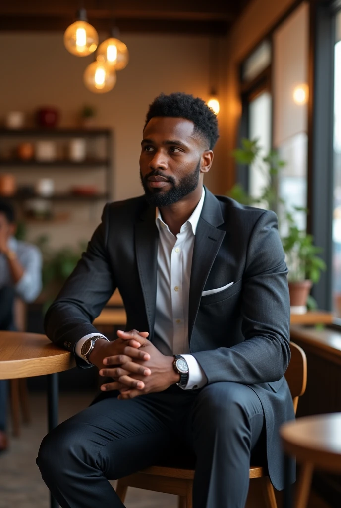 Somali boy age 25 wearing suit sitting in the coffee shop