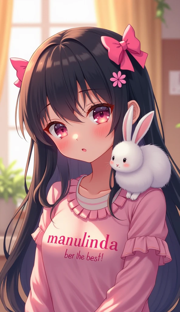 anime with long black hair, with 2 pink bows on the head, pink details, with a fluffy white rabbit on his shoulder, written on the shirt in Portuguese BR: MANULINDA IS THE BEST!