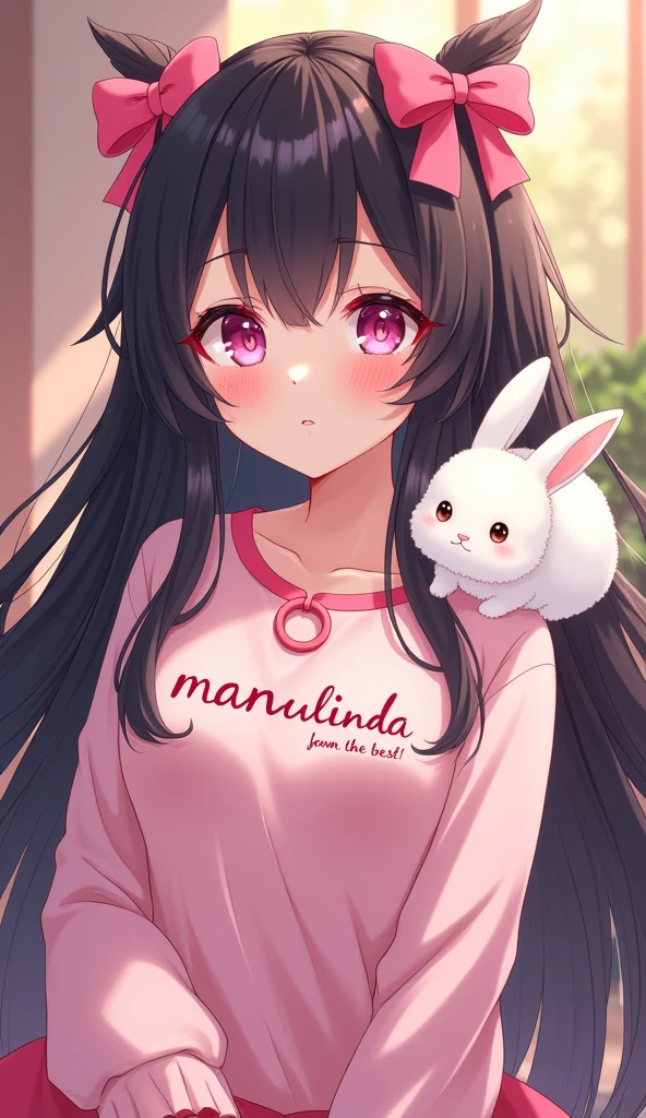 anime with long black hair, with 2 pink bows on the head, pink details, with a fluffy white rabbit on his shoulder, written on the shirt in Portuguese BR: MANULINDA IS THE BEST!