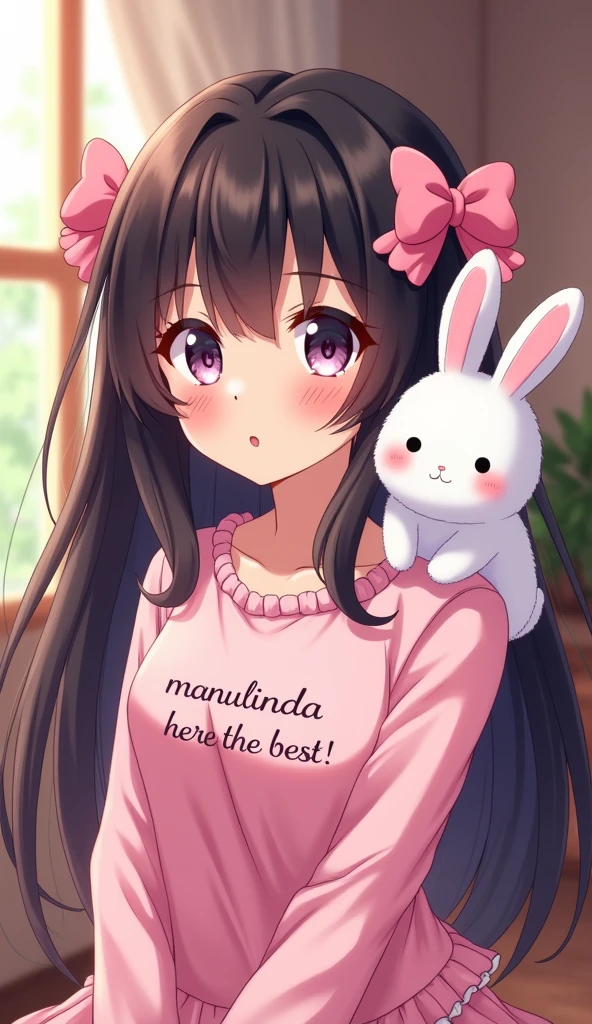 anime with long black hair, with 2 pink bows on the head, pink details, with a fluffy white rabbit on his shoulder, written on the shirt in Portuguese BR: MANULINDA IS THE BEST!