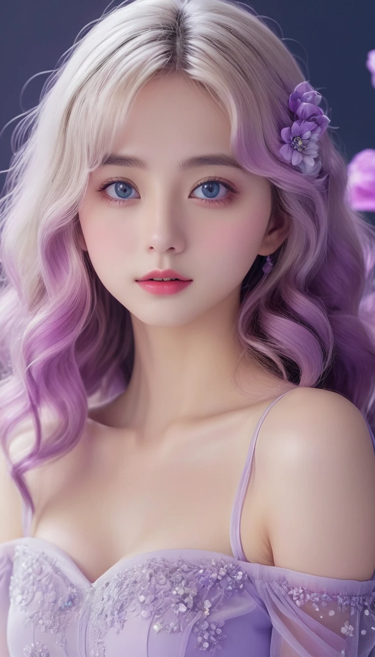 masterpiece，Dazzling colorful lights，Extremely detailed，A girl，big eyes，tulip，Extra long curly hair，White-blond hair，A fascinating adventure，Radiant Lips，Close-up of face，Off-shoulder，Dreamy and beautiful，The rich colors of the characters，Delicate brushstrokes，wallpaper，Lilac background，Anime Aesthetics,