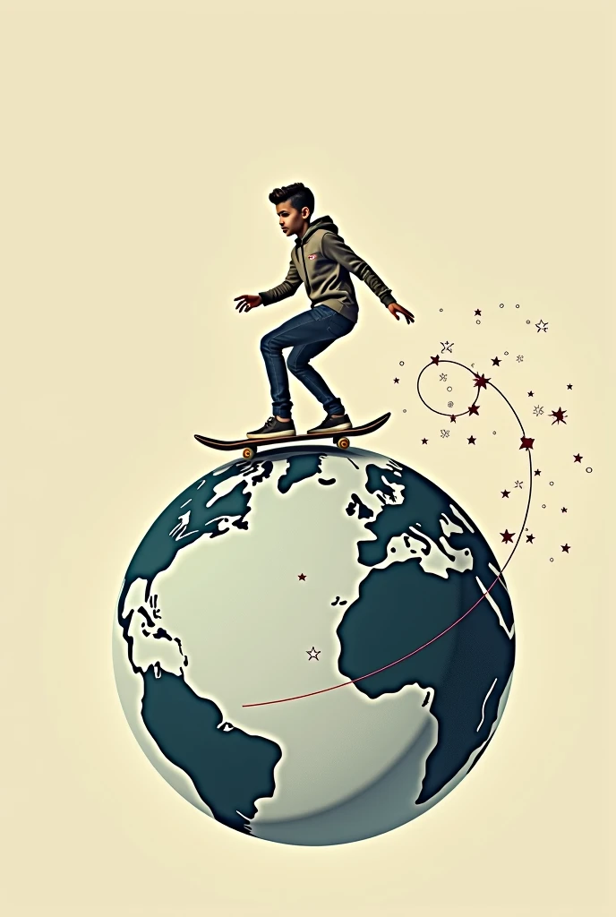 Young man on a skateboard traveling around the globe, art in logo brand style, Fine art, minimalistic