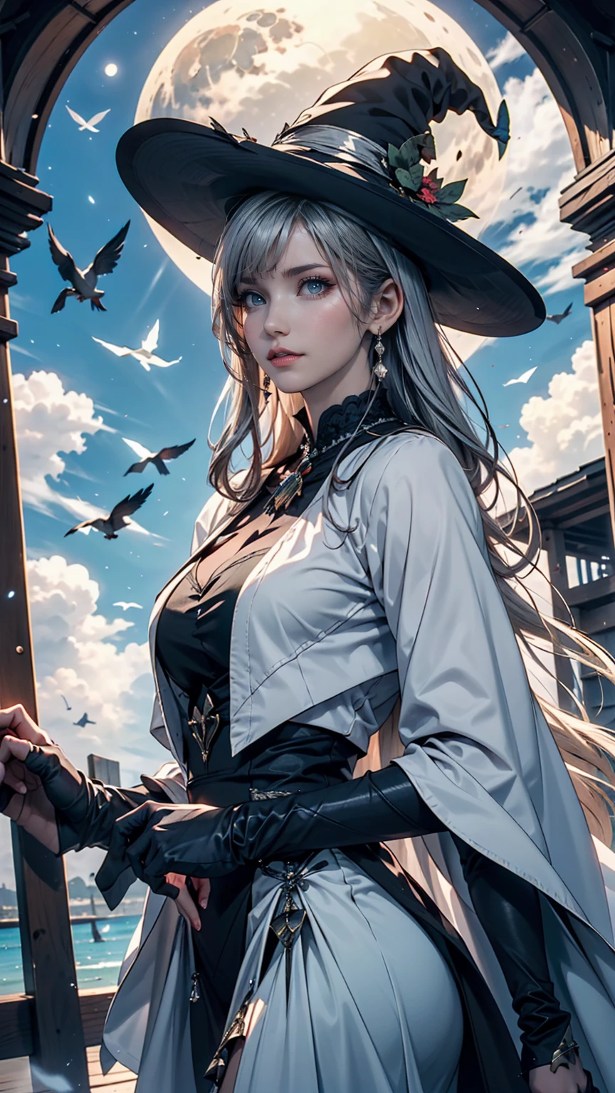 Highest quality, Very detailed, masterpiece, Very detailed, cloud, witch_Have, Have, One person, null, green_null,Day, length_hair, cloudy_null, moon,bird, alone, Silver_hair, witch, Outdoor 