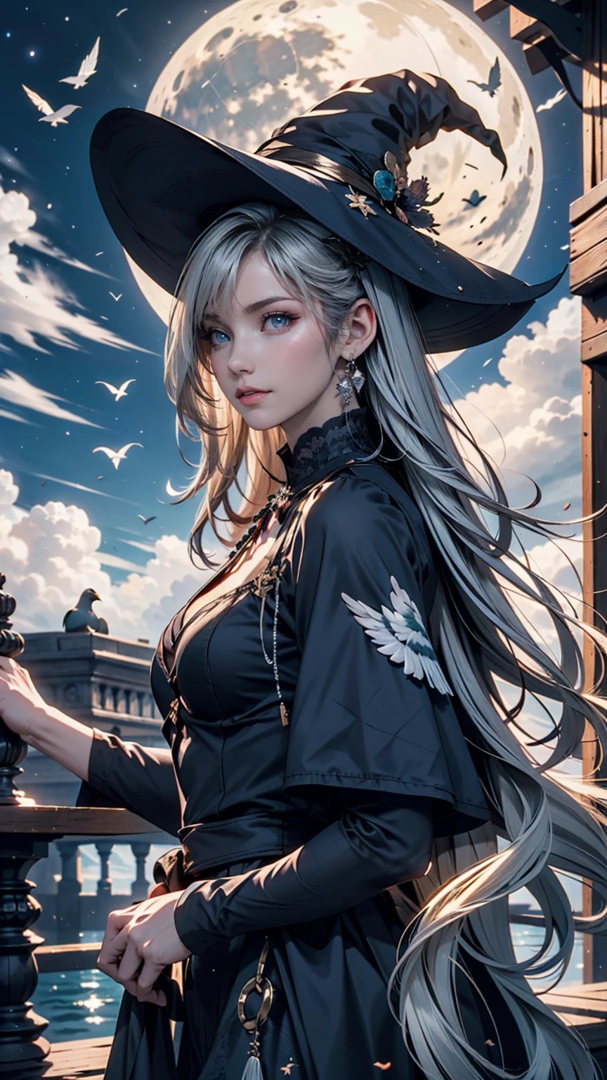 Highest quality, Very detailed, masterpiece, Very detailed, cloud, witch_Have, Have, One person, null, green_null,Day, length_hair, cloudy_null, moon,bird, alone, Silver_hair, witch, Outdoor 