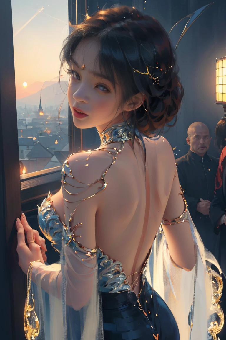 (practical, Photorealistic:1.37), (masterpiece, Highest quality:1.2), (Ultra-high resolution:1.2), (Original photo:1.2), (Clear focus:1.3), (Face Focus:1.2), (Highly detailed CG Unity 8k wallpaper:1.2), (Beautiful Skin: 1.2), (Pale skin:1.3), (Super sharp focus: 1.5), (Super sharp focus:1.5), (Beautiful and clean face:1.3), (非常にDetailed Background, Detailed Background:1.3), Bokeh, Depth of written boundary, rest, Image of a Very Cute and Beautiful Japanese Woman, (bride), business suit, (2:1.1), smileの少女の肖像画, Full body image, from the front, Symmetrical Configuration, (Studio Lighting:1.3), (Cinema Lighting:1.3), (Rear window lighting is backlit:1.3), (surface light:1.3), Light Enveloping Her Entire Body, Looking straight at you, Persistence, Sexy model posing, rest, (Chestnut Half-Hair:1.2), Dark green eyes, Beautiful Eyes, Princess Eyes, Mahogany Hair, A single hair, bangs, slim, Abdominal muscles, (Huge breasts;1.35), (Willow West:1.15), (Details of a beautiful girl:1.4), (Elegant and gorgeous lace silk wedding dress in dark blue:1.3), (BaliOcean view背景:1.2), (smile, happiness:1.3), ((Perfect female body)), (Upper body image:1.3), Encircling the head, Perfect Dramatic, Volumetric lighting, Professional majestic oil painting, Glowing Skin, CT ???????, Perfect Proportions, 8.Five Really Small, Face Focus, Ultra practical Photo, Extremely clear images, Ultra-high definition images, Bali, Ocean view, nature, External, ((walking beach:1.2,evening,Sunset,夜空にたくさんのstarが美しく輝いている, 長時間露光されたstar空に、Many circular orbits are visible in the image.,無数のstarが輝き、Shining with a fantastic light. star々is bright and vivid)),