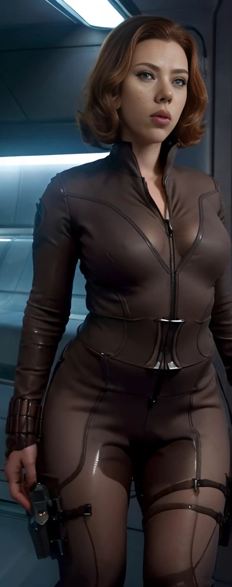 ((best quality)), ((masterpiece)), ((Scarlett Johansson)) (detailed), perfect face, 30 year old woman, Sensual pose, sexy, Inside a spaceship, wearing red swingsuit, traje ajustado sexy, big , big butt, small waist, full body