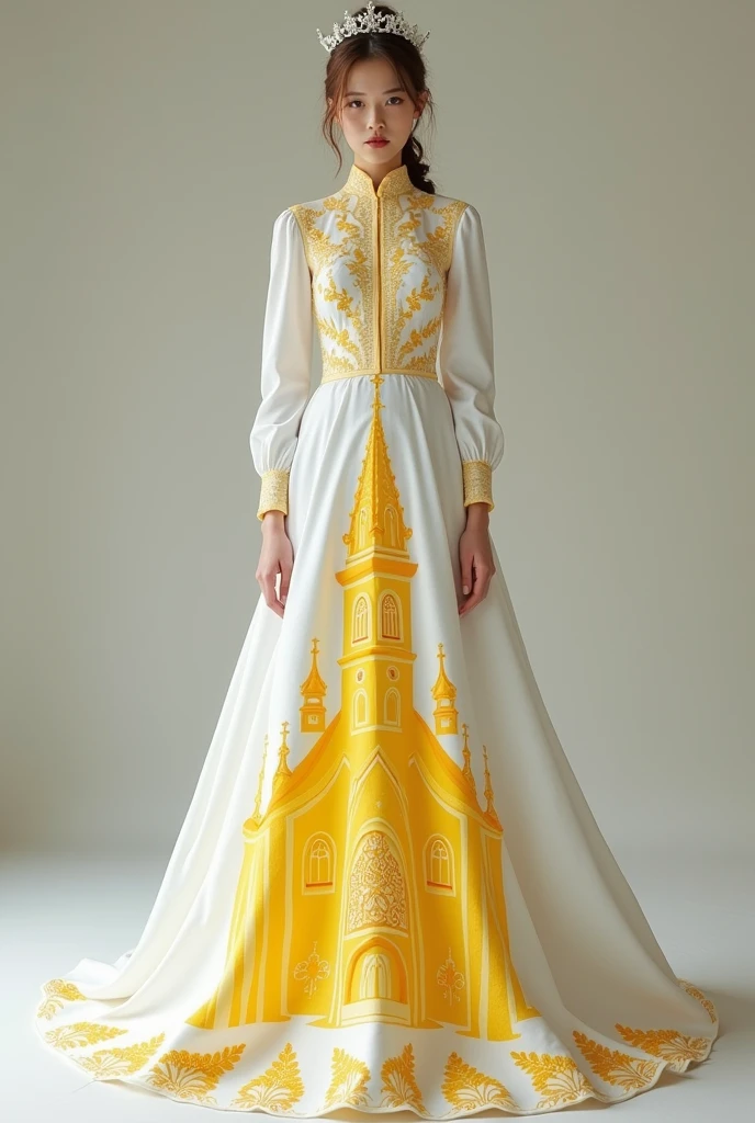 Generate a wedding dress with the following characteristics:
Main color white Color for yellow craft details A yellow church painted in the middle of the dress skirt on the front part The long-sleeved blouse part white with yellow craft details Embroidery on the skirt Put more embroidery on the bottom part and the big church on the bottom part Give me another more modern example
