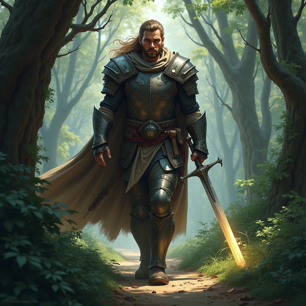 "Kael, holding a shining sword, begins his journey through the dense and scary forest, with a look of courage and determination."