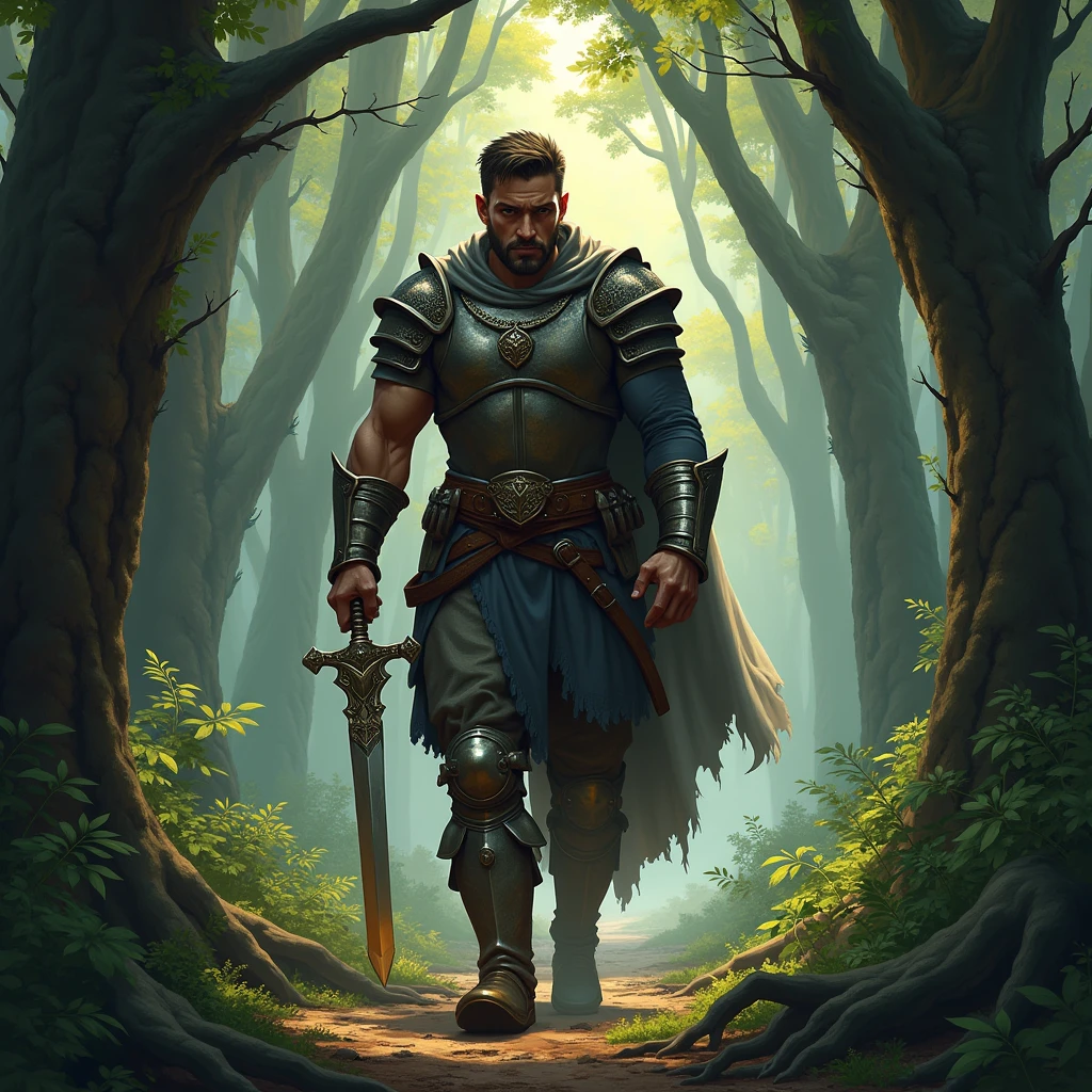 "Kael, holding a shining sword, begins his journey through the dense and scary forest, with a look of courage and determination."