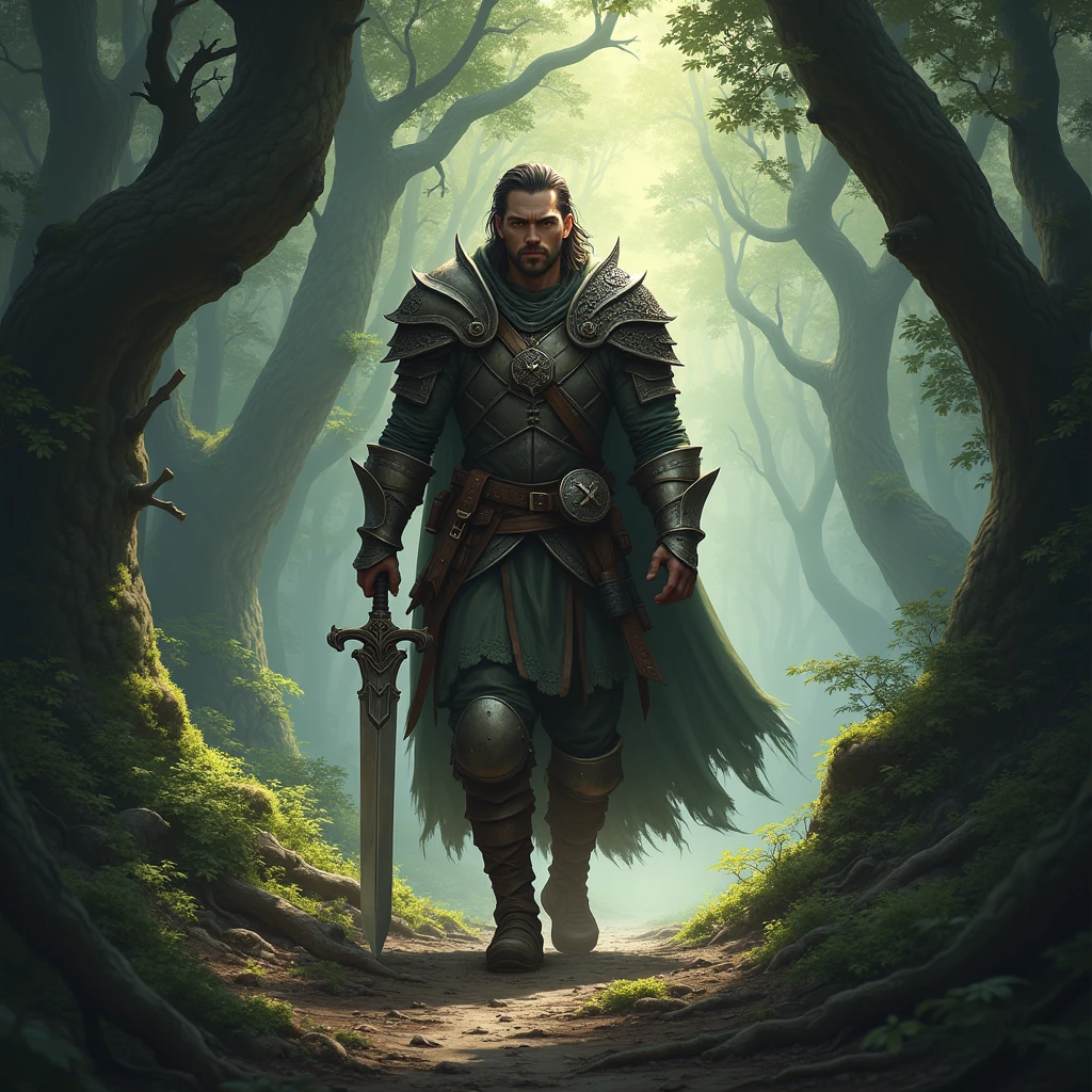 "Kael, holding a shining sword, begins his journey through the dense and scary forest, with a look of courage and determination."