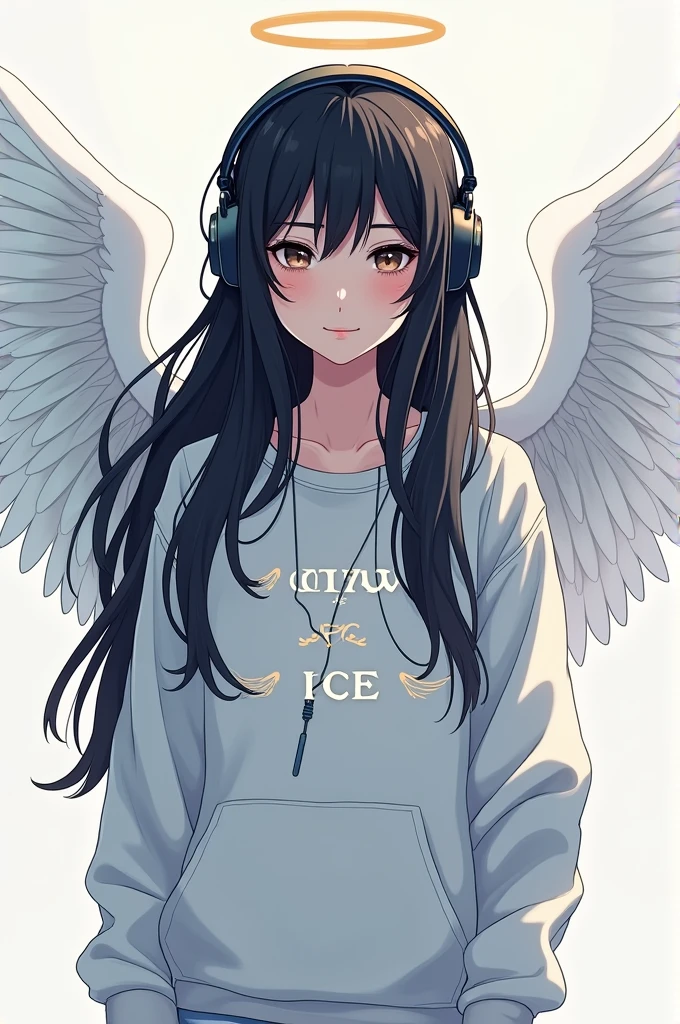 Can you create a logo for me where there is a girl with long black hair wearing a sweatshirt that has angel wings and headphones and below it has the words " THE ROSE OF COD"