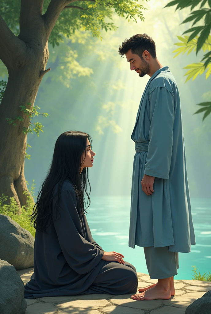
Realistic scene of a single 3 beardless white Caucasian man with short black hair, barefoot western, standing, wearing a light blue suit, pants and a doctor or monk style jacket Spiritual, with a relaxed attitude and a slight smile. In a spiritual environment, interacting with a white western woman with long black hair, what is medium, wearing black clothes. The man is next to the woman and the woman is sitting.

