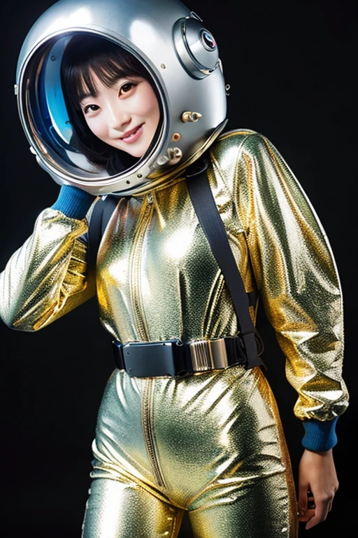 Asian Woman in metallic space suit equipping space helmet and space backpack 
